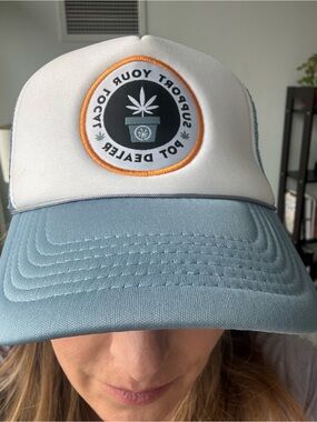 White and Light Blue Trucker Hat with Pot Dealer Patch